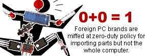 0+0 = 1: Foreign PC brands are miffed at zero-duty policy for importing parts but not the whole computer.