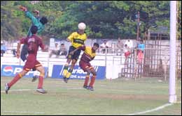 Tamil Nadu's Sabir Pasha on way to scoring his team's second goal.