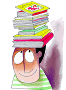 Child balancing comic books on his head